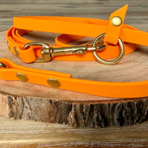 Leine aus Biothane in orange mit Messing Beschlägen